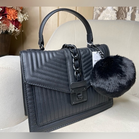 New! ALDO Black Women Shoulder Bag Quilted Black Chain Accent With Poof Charm - Picture 1 of 6
